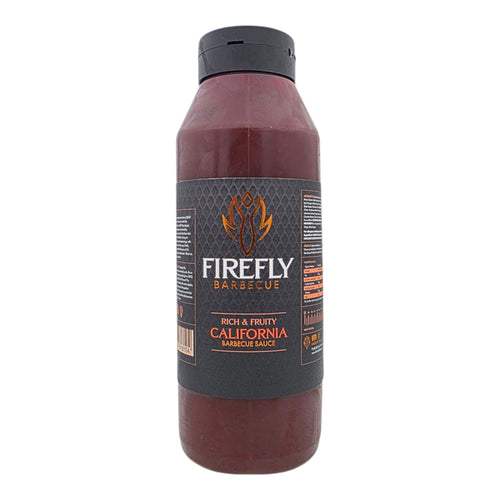 Firefly BBQ California Apple BBQ Sauce in large plastic catering bottle, rich and fruity blend perfect for pork, ribs, and chicken.