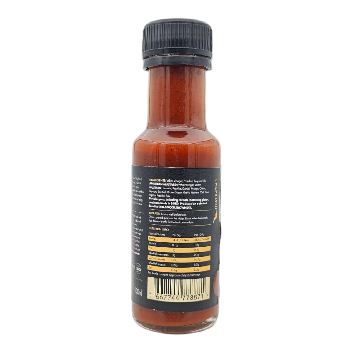 Back label of Carolina Reaper Hot Sauce bottle showing ingredients and nutritional information. Made with real Carolina Reaper chili.