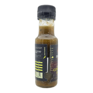 Side view of Jalapeno Coriander & Lime Hot Sauce bottle showing heat rating and texture, perfect for spicy food lovers.