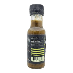 Back label of Jalapeno Coriander & Lime Hot Sauce bottle displaying ingredients and nutritional information for health-conscious buyers.