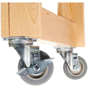 Close-up of Primo Cypress wood BBQ table corner with caster wheels for outdoor use