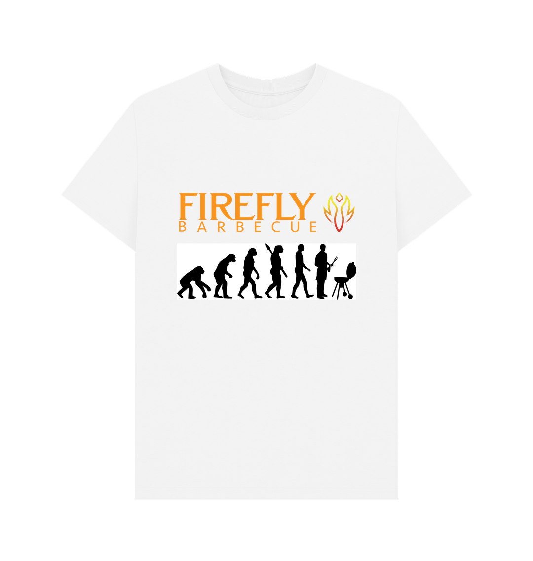 White Mens Evolution of BBQ T-shirt featuring Firefly Barbecue logo and evolution to grilling graphic, eco-friendly cotton material.