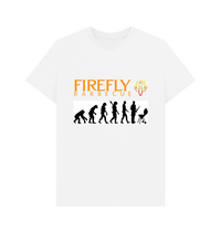 White Mens Evolution of BBQ T-shirt featuring Firefly Barbecue logo and evolution to grilling graphic, eco-friendly cotton material.