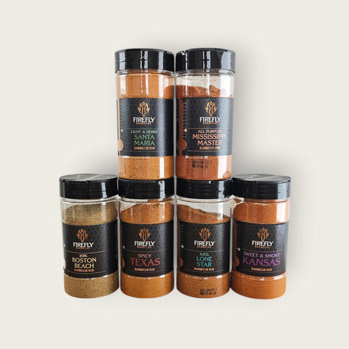 BBQ Rub Selection Pack - American BBQ Rubs Pack | 6 Jars Included featuring Sweet & Smoky Kansas, Spicy Texas, and Santa Maria rubs in a gift box set.