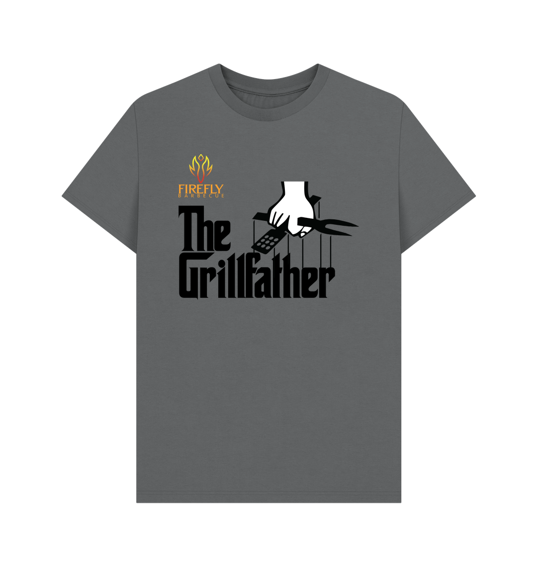 Dark gray Men's The Grillfather T-shirt with bold BBQ parody print and Firefly Barbecue logo, fun and sustainable gift idea for men.