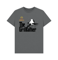 Dark gray Men's The Grillfather T-shirt with bold BBQ parody print and Firefly Barbecue logo, fun and sustainable gift idea for men.