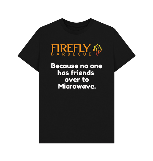Black men's T-shirt with 'Firefly Barbecue' logo and humorous text for apparel and clothing