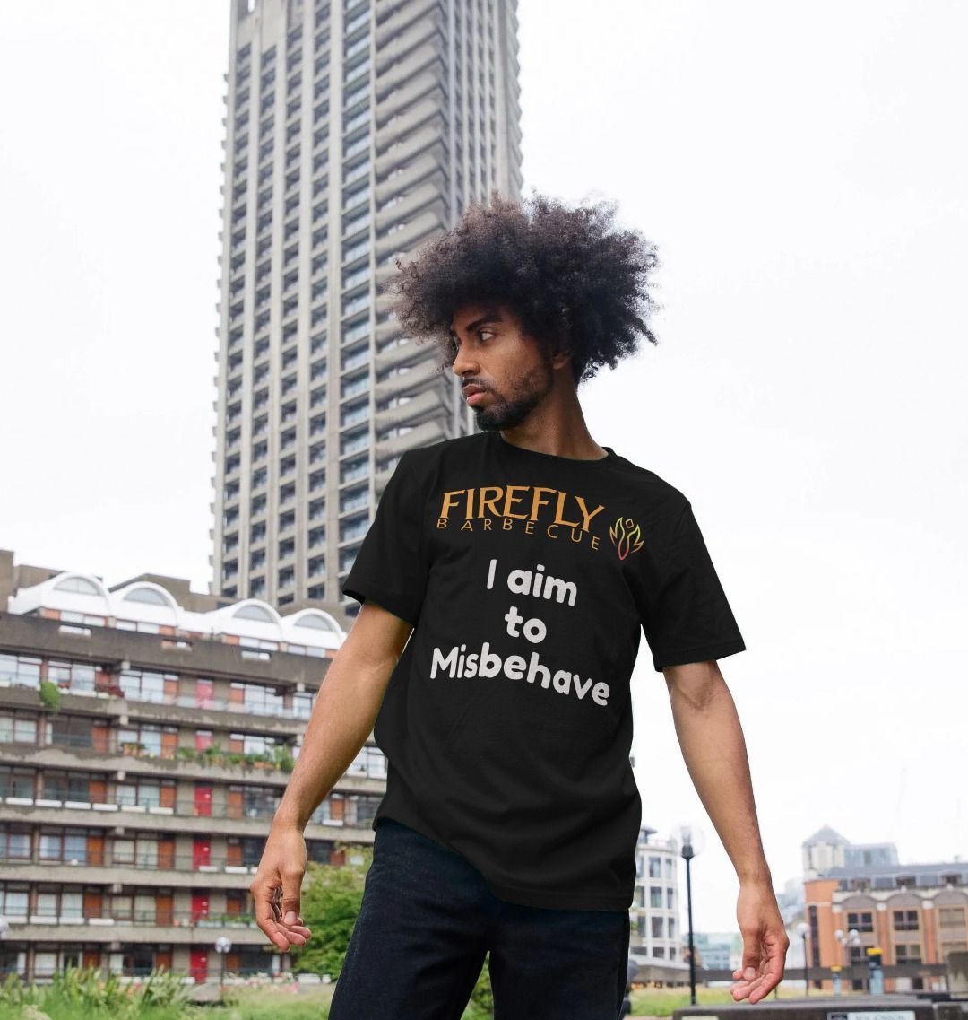 Model wearing black Firefly quote T-shirt outdoors, casual fashion