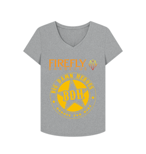 Grey Women's V Neck T Shirt - Heroes Design with bold yellow 'BDH' star and Firefly Barbecue logo. Eco-friendly, organic cotton fabric.