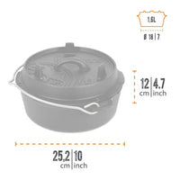 Petromax 1.6L cast iron Dutch oven with dimensions for outdoor use
