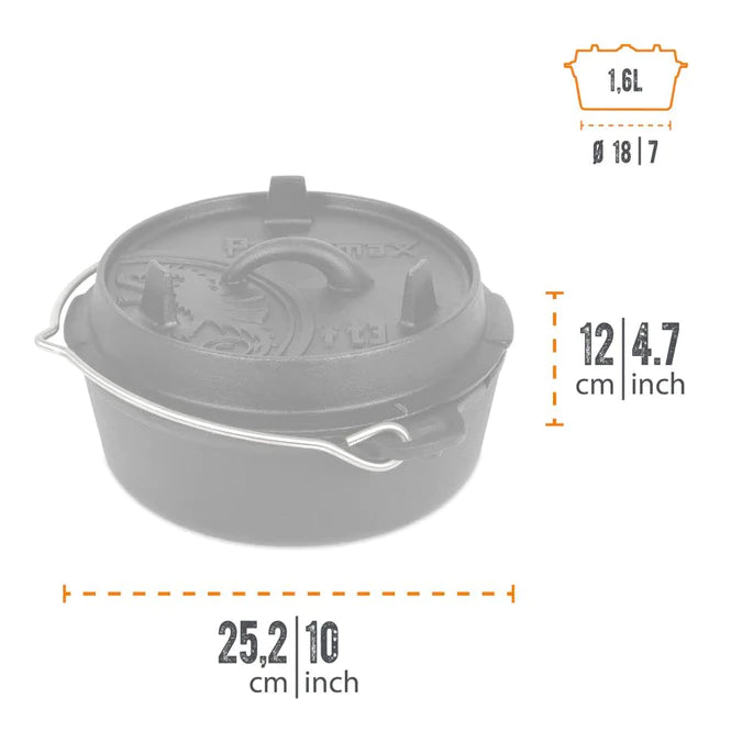 Petromax 1.6L cast iron Dutch oven with dimensions for outdoor use