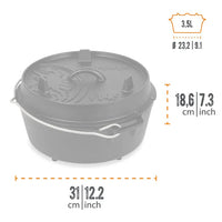 Dimensions of Petromax 3.5L cast iron Dutch oven, 18.6cm height and 31cm diameter