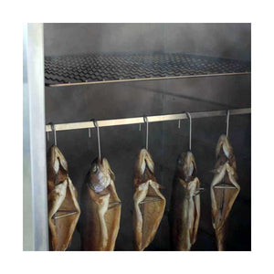 Fish hanging on Borniak Fish Smoking Hook Type 25 inside a smoker, showcasing even smoking with open fish design.