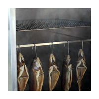 Assorted smoked fish hanging on hooks inside a smoker