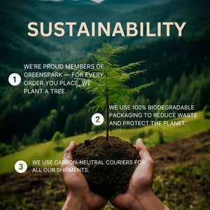 Sustainability message for Birch Lumpwood Charcoal highlighting biodegradable packaging, tree planting, and carbon-neutral shipping for eco-conscious BBQ use.