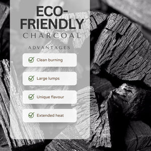 Close-up of eco-friendly birch charcoal lumps with benefits listed: clean burning, large size, unique flavour, and extended heat for premium grilling.
