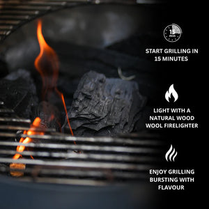 Charcoal burning on grill with text highlighting 15-minute ignition, natural firelighter use, and flavourful grilling using 10kg Birch Charcoal Briquettes.