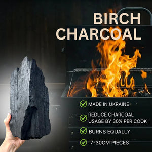 Hand holding large birch charcoal piece with grill in background, showcasing even burn, 7–30cm sizes, and 30% fuel savings per cook.