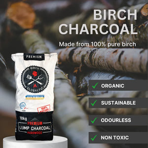 Birch Charcoal 10kg bag with eco-friendly features listed: organic, sustainable, odourless, and non-toxic, ideal for outdoor grilling.