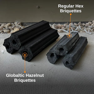 Comparison of Globaltic HazelHex Briquettes and regular hex briquettes, highlighting denser structure for better grilling performance.