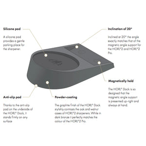 Diagram of Horl Dock with silicone pad, anti-slip pad, powder-coating, and magnetic support