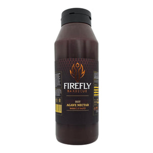 Large 1L plastic bottle of Firefly BBQ Hot Agave Nectar Sauce, ideal for grilling with spicy agave and chipotle flavor.