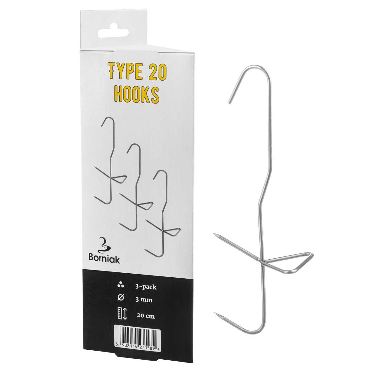 Borniak Fish Smoking Hook Type 20 packaging with stainless steel fish smoke hook