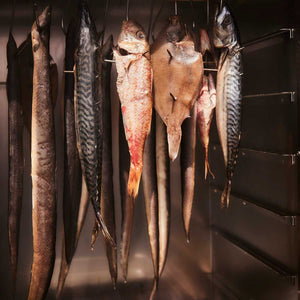 Various fish types suspended on Borniak Fish Smoking Hook Type 25 in a smoker, ensuring thorough internal and external smoking.