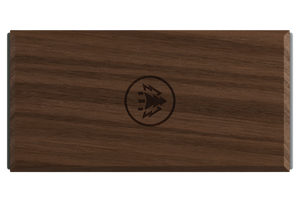 Top view of the HORL 3 Walnut Sharpener angle guide block, crafted from walnut wood with engraved logo for stylish kitchen use.