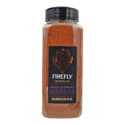 Large container of Kansas BBQ Rub - Sweet & Smoky by Firefly Barbecue. Ideal for bulk seasoning of meats with brown sugar and paprika blend.