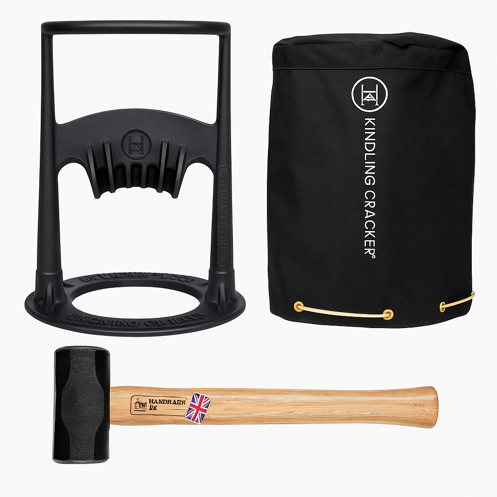 Kindling Cracker Premium Bundle for safe wood splitting with hammer and storage bag