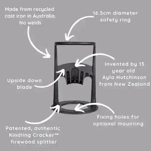 Labeled features of Kindling Cracker Original including recycled cast iron, safety ring, and optional mounting holes for secure wood splitting.
