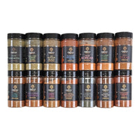 BBQ Kitchen Sink gift set with 15 gourmet BBQ rubs including flavors like Italian Porchetta, Korean Umami, and Spicy Texas in spice jars.