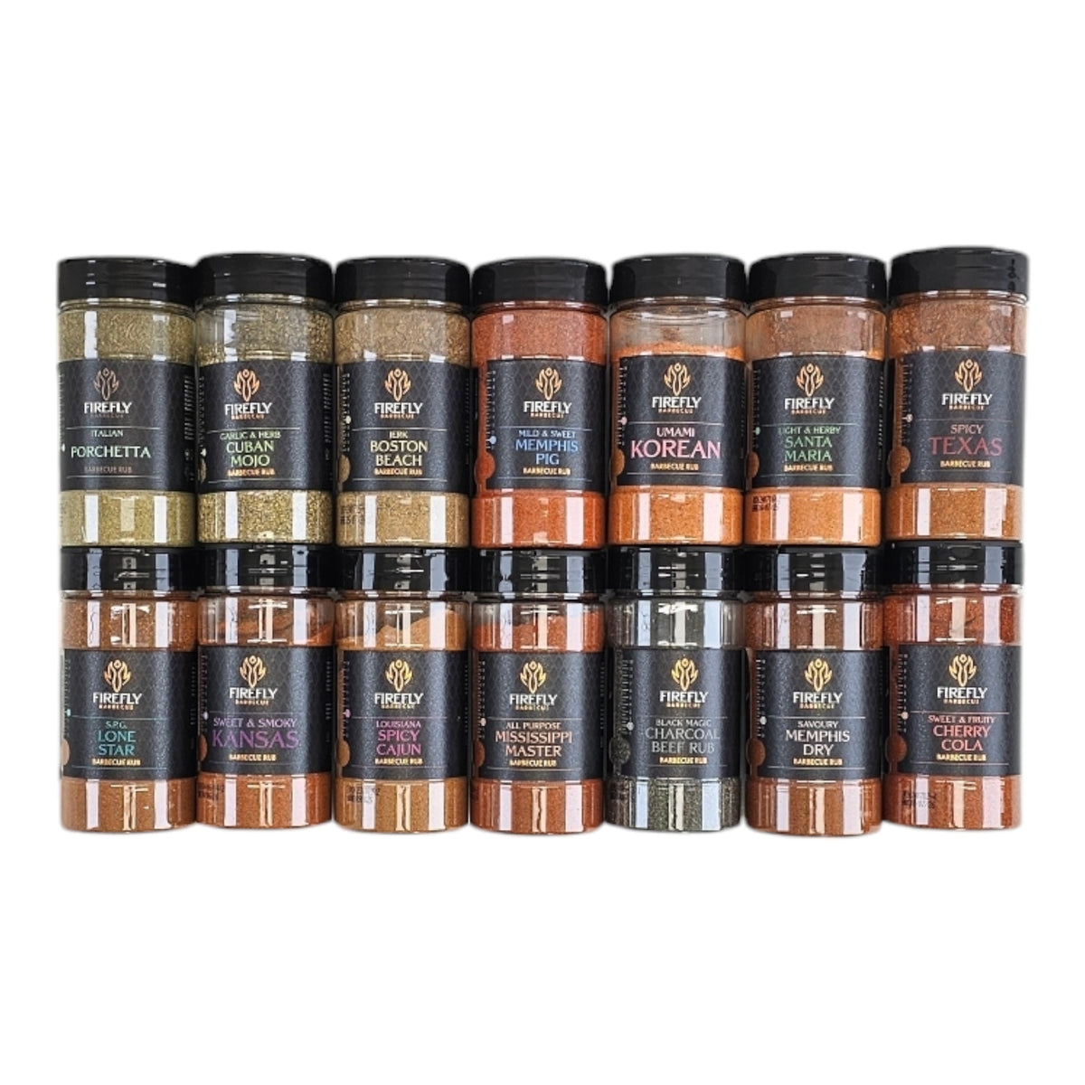 BBQ Kitchen Sink gift set with 15 gourmet BBQ rubs including flavors like Italian Porchetta, Korean Umami, and Spicy Texas in spice jars.