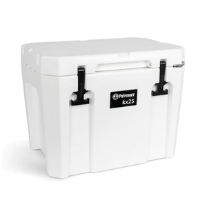 White Petromax 25L Cool Box with heavy-duty latches, suitable for keeping beverages cold during travel or outdoor activities.