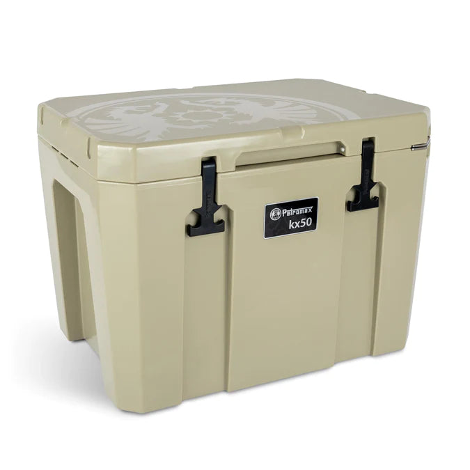 Beige Petromax 50L Cool Box with secure latch for outdoor adventures