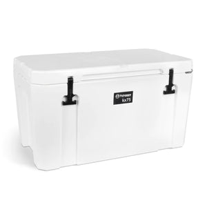Front view of closed Petromax 75L Cool Box with secure latches, built for durability and efficient cooling in outdoor settings.