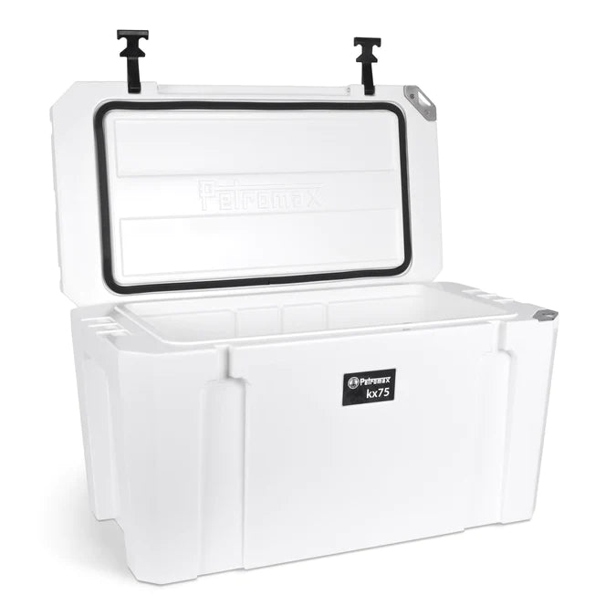 Petromax 75L Cooler with lid open for outdoor use
