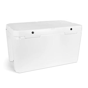 Closed Petromax 75L Cool Box with sleek white exterior, designed for long-lasting cooling in garden or travel use.