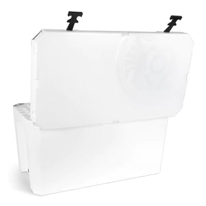Petromax 75L Cool Box with lid open and latches visible, highlighting its secure closure system for outdoor food storage.