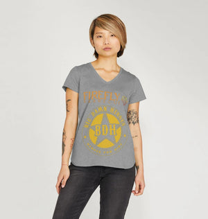 Model in grey Women's V Neck T Shirt - Heroes Design with yellow star and Firefly Barbecue logo. Sustainable organic cotton, UK-made.