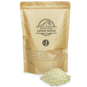 Lemon wood smoking dust 1.5L pack labeled 'Fresh & Fruity Lemon Wood' from Smokey Olive Wood, great for cold smoking with a zesty aroma.