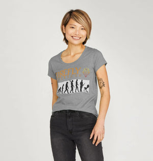 Smiling woman in grey Women's BBQ Evolution V Neck T-Shirt with Firefly Barbecue logo and evolution graphic, sustainable cotton top.