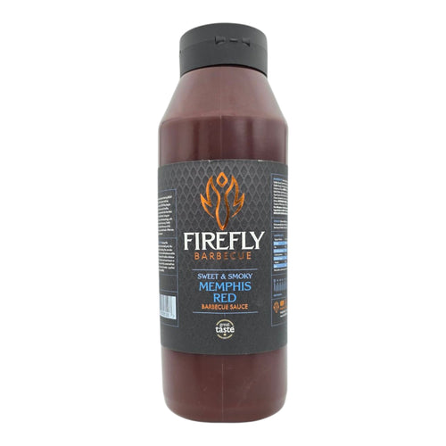 Large 1L bottle of Firefly BBQ Memphis Red Sweet & Smoky BBQ Sauce, perfect for bulk use in grilling, smoking, or catering applications.