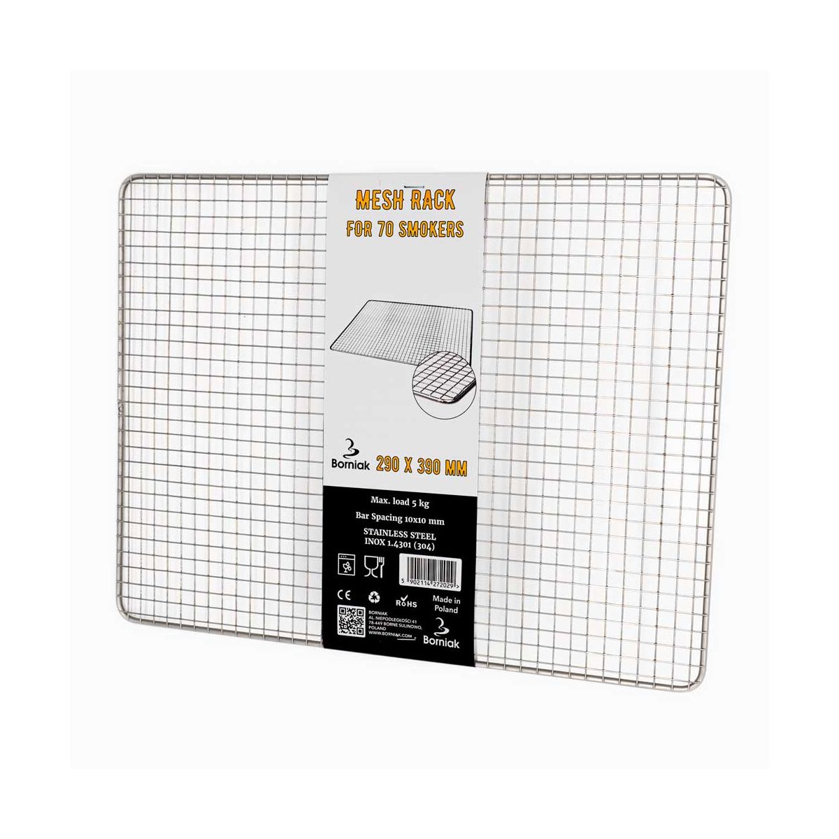 Stainless steel mesh grill rack for Model 70 smokers, 290x390mm, 10x10mm perforations, Borniak accessories