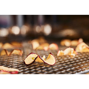Close-up of dried apple slices on the Stainless Steel Mesh Grill Rack 70, highlighting its use for drying and smoking in outdoor kitchens.