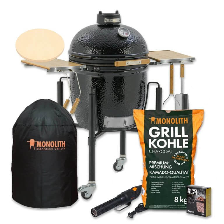 Monolith ONE .66 LeChef Starter Set with ceramic grill, charcoal bag, and accessories