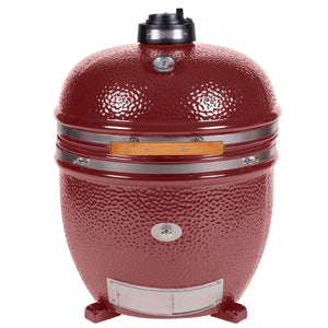 Standalone red Monolith Le Chef Pro Series 2.0 Kamado Grill with ceramic body and stainless steel accents, ideal for built-in setups.