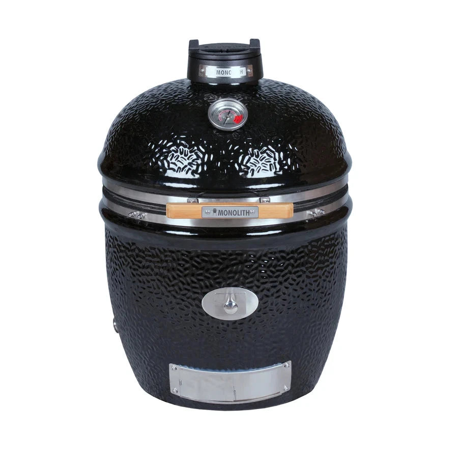 Monolith TWO 55 Kamado Grill black outdoor grill with textured surface and thermometer