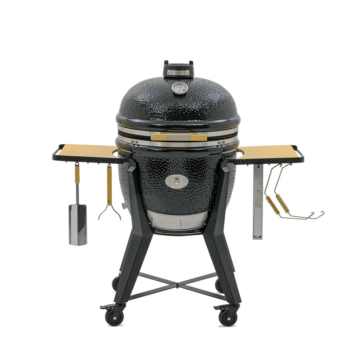 Kamado grill with side tables and wheels for outdoor cooking